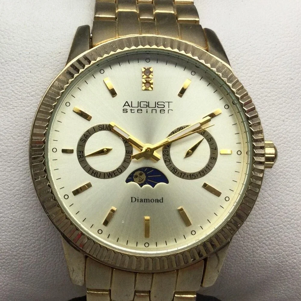 August Steiner Men Watch 40mm Gold Tone Multi-Function Moon Phase New Battery 9